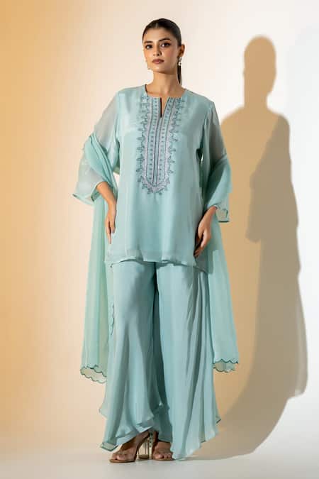 K-Anshika Sky Blue Crepe, Organza Embroidery Split V-neck Kurta Set 