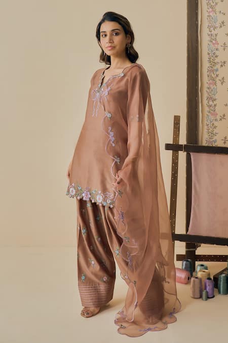 Bhawna Sethi Brown Chanderi Silk, Cotton, Organza Embroidery V-neck Kahwa Kurta Set