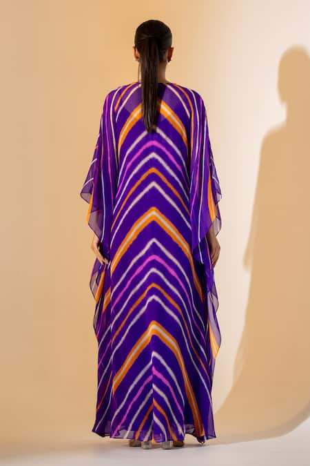 Shop K-Anshika Multi Color Georgette Beads, Embroidery V-neck Leheriya Pattern Kaftan at Aza Fashions Shop_K-Anshika_Multi Color Georgette Beads, Embroidery V-neck Leheriya Pattern Kaftan _at_Aza_Fashions