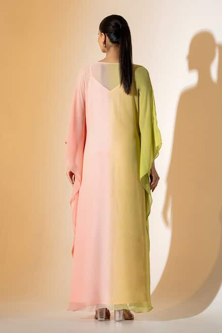 Shop K-Anshika Lime Georgette Embroidery, Beads, Sequins V-neck Ombre Sunset Kaftan And Pant Set at Aza Fashions Shop_K-Anshika_Lime Georgette Embroidery, Beads, Sequins V-neck Ombre Sunset Kaftan And Pant Set _at_Aza_Fashions