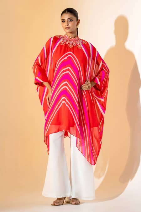 K-Anshika Orange Georgette Beads, Embroidery High Neck Leheriya Pattern Kaftan Pant Set 
