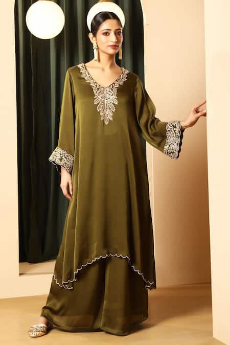 House Of Supriya Olive Green Chiffon, Satin Embroidery, Metallic Thread V-neck Kurta With Palazzo 