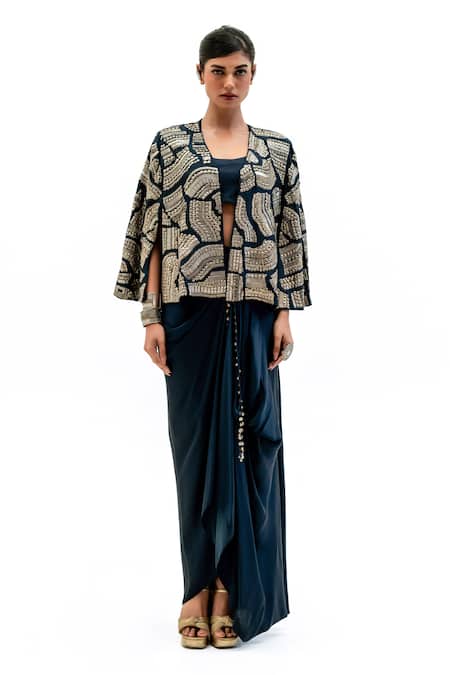 Garo Blue Silk Embroidery Open , Round Geometric Jacket And Draped Skirt Set 