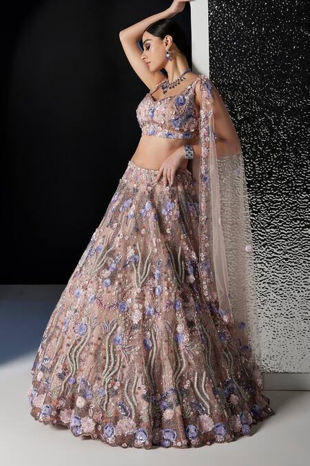 Opus Atelier_Beige Tulle, Net, Satin Embroidery, Sequins, Beads Phoenix Lehenga Set _Online_at_Aza_Fashions