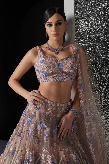 Buy_Opus Atelier_Beige Tulle, Net, Satin Embroidery, Sequins, Beads Phoenix Lehenga Set _Online_at_Aza_Fashions