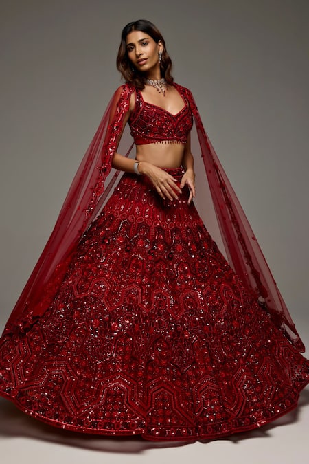 Opus Atelier_Red Tulle, Net Sequins, Beads, Tassels, Embroidery V-neck Roselyn Lehenga Set _Online_at_Aza_Fashions