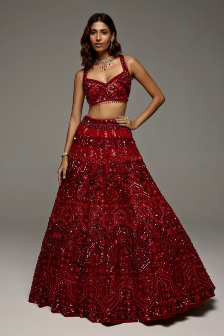 Buy_Opus Atelier_Red Tulle, Net Sequins, Beads, Tassels, Embroidery V-neck Roselyn Lehenga Set _Online_at_Aza_Fashions