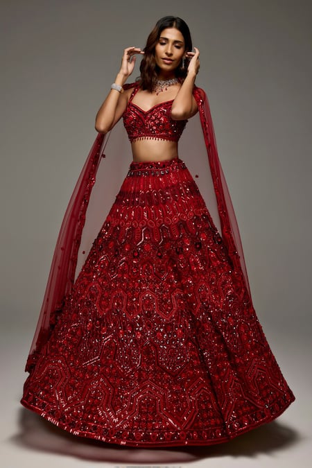 Shop_Opus Atelier_Red Tulle, Net Sequins, Beads, Tassels, Embroidery V-neck Roselyn Lehenga Set _Online_at_Aza_Fashions