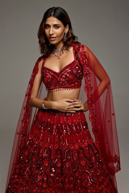 Opus Atelier_Red Tulle, Net Sequins, Beads, Tassels, Embroidery V-neck Roselyn Lehenga Set _at_Aza_Fashions