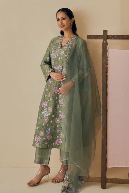 Bhawna Sethi Green Chanderi Cotton, Silk, Organza Embroidery, Metallic Gulbaan Kurta Set 