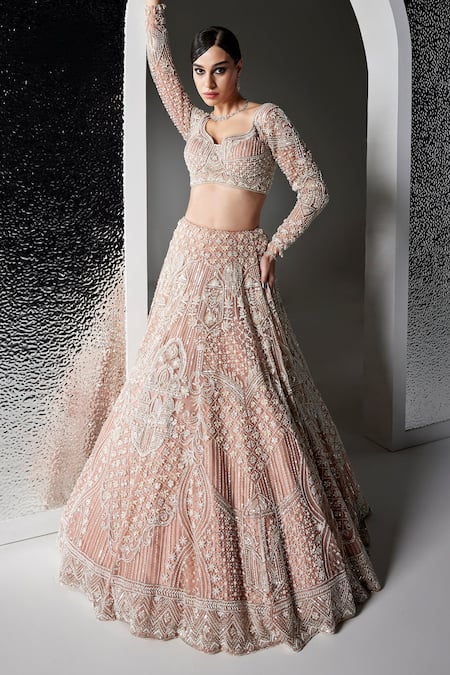Buy Opus Atelier Pink Net, Satin, Tulle Embroidery, Beads, Sequins Pearl Freya Lehenga Set Online at Aza Fashions Buy_Opus Atelier_Pink Net, Satin, Tulle Embroidery, Beads, Sequins Pearl Freya Lehenga Set _Online_at_Aza_Fashions