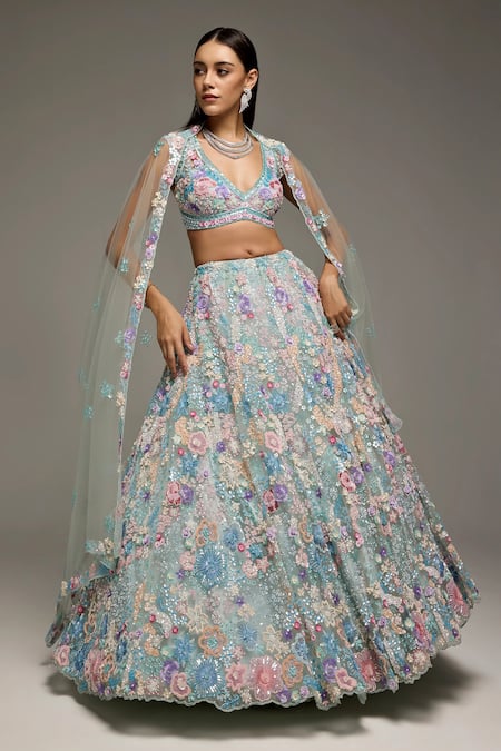 Opus Atelier Multi Color Net, Tulle Embroidery, Sequins, Beads Powder Blue Lehenga Set