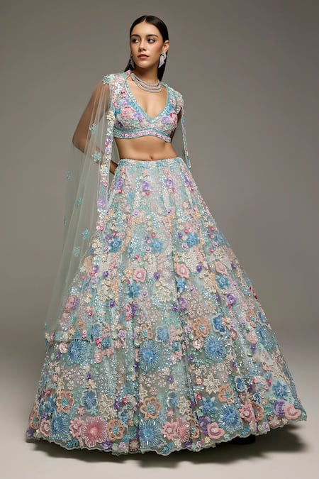 Opus Atelier_Multi Color Net, Tulle Embroidery, Sequins, Beads Powder Blue Lehenga Set _Online_at_Aza_Fashions