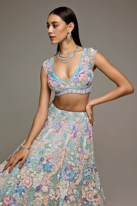 Buy_Opus Atelier_Multi Color Net, Tulle Embroidery, Sequins, Beads Powder Blue Lehenga Set _Online_at_Aza_Fashions