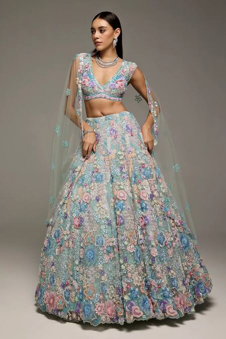 Shop_Opus Atelier_Multi Color Net, Tulle Embroidery, Sequins, Beads Powder Blue Lehenga Set _Online_at_Aza_Fashions
