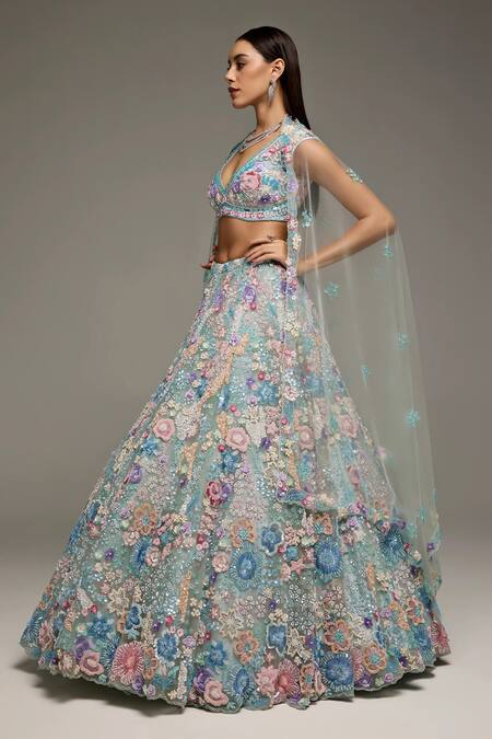 Opus Atelier_Multi Color Net, Tulle Embroidery, Sequins, Beads Powder Blue Lehenga Set _at_Aza_Fashions
