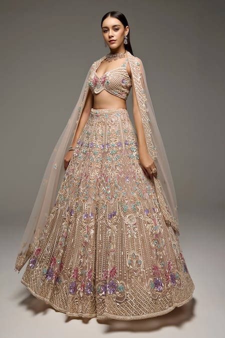 Opus Atelier Beige Tulle, Satin Embroidery, Sequins, Beads, Metallic Alison Lehenga Set
