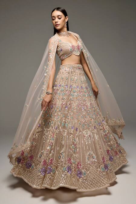 Buy_Opus Atelier_Beige Tulle, Satin Embroidery, Sequins, Beads, Metallic Alison Lehenga Set _Online_at_Aza_Fashions
