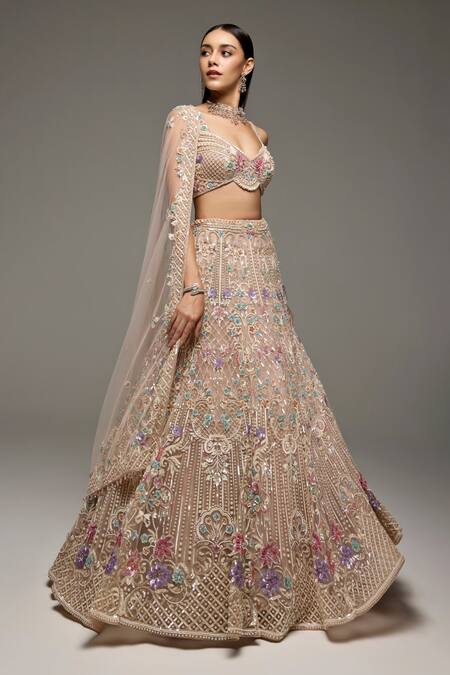 Shop_Opus Atelier_Beige Tulle, Satin Embroidery, Sequins, Beads, Metallic Alison Lehenga Set _Online_at_Aza_Fashions