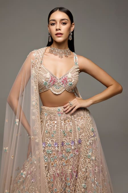 Opus Atelier_Beige Tulle, Satin Embroidery, Sequins, Beads, Metallic Alison Lehenga Set _at_Aza_Fashions