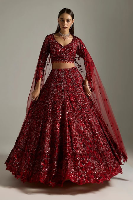 Opus Atelier Red Net, Satin, Tulle Sequins, Embroidery, Beads, Lilith Bridal Lehenga Set 