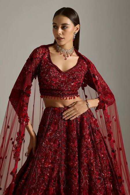 Opus Atelier Red Net, Satin, Tulle Sequins, Embroidery, Beads, Lilith Bridal Lehenga Set Online at Aza Fashions Opus Atelier_Red Net, Satin, Tulle Sequins, Embroidery, Beads, Lilith Bridal Lehenga Set _Online_at_Aza_Fashions