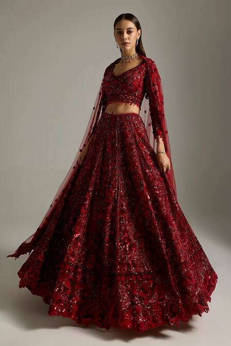 Buy Opus Atelier Red Net, Satin, Tulle Sequins, Embroidery, Beads, Lilith Bridal Lehenga Set Online at Aza Fashions Buy_Opus Atelier_Red Net, Satin, Tulle Sequins, Embroidery, Beads, Lilith Bridal Lehenga Set _Online_at_Aza_Fashions