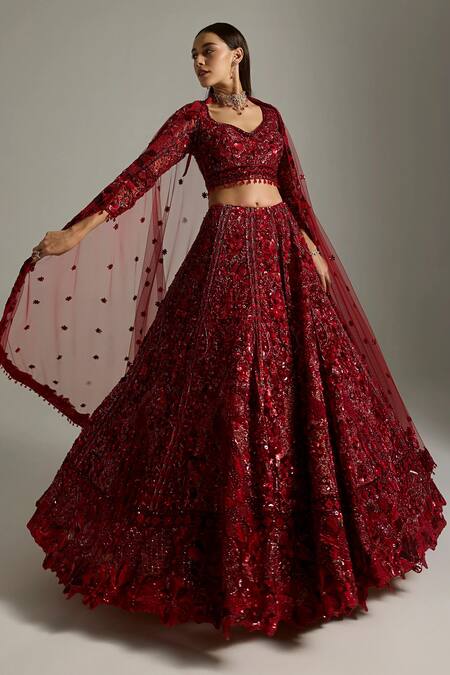 Shop Opus Atelier Red Net, Satin, Tulle Sequins, Embroidery, Beads, Lilith Bridal Lehenga Set Online at Aza Fashions Shop_Opus Atelier_Red Net, Satin, Tulle Sequins, Embroidery, Beads, Lilith Bridal Lehenga Set _Online_at_Aza_Fashions