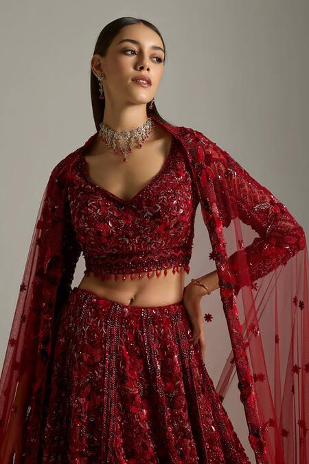 Opus Atelier Red Net, Satin, Tulle Sequins, Embroidery, Beads, Lilith Bridal Lehenga Set at Aza Fashions Opus Atelier_Red Net, Satin, Tulle Sequins, Embroidery, Beads, Lilith Bridal Lehenga Set _at_Aza_Fashions