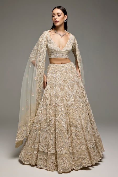 Opus Atelier Beige Net, Tulle Embroidery, Sequins V-neck Marisol Lehenga Set