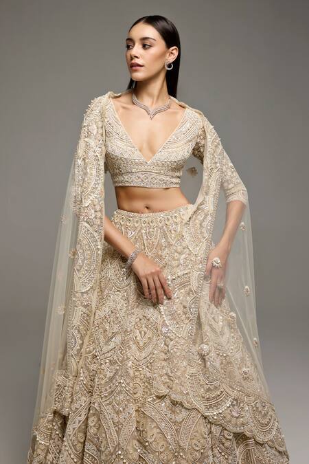 Buy_Opus Atelier_Beige Net, Tulle Embroidery, Sequins V-neck Marisol Lehenga Set _Online_at_Aza_Fashions