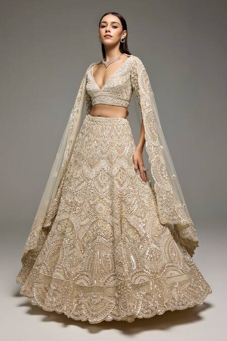 Opus Atelier_Beige Net, Tulle Embroidery, Sequins V-neck Marisol Lehenga Set _at_Aza_Fashions