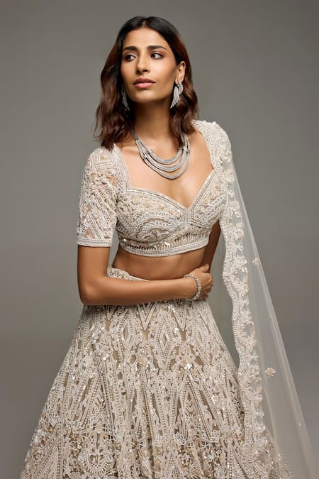 Opus Atelier_Beige Tulle, Net Embroidery, Sequins Sweetheart Neck Lacey Lehenga Set _Online_at_Aza_Fashions