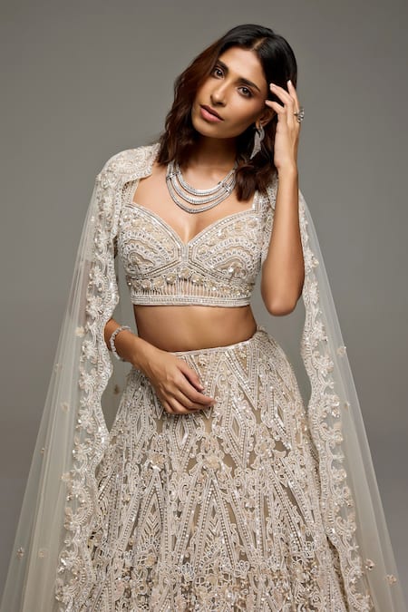 Shop_Opus Atelier_Beige Tulle, Net Embroidery, Sequins Sweetheart Neck Lacey Lehenga Set _Online_at_Aza_Fashions
