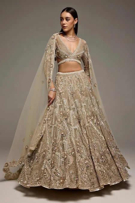 Opus Atelier Gold Net, Tulle Sequins, Beads, Soft Champagne Oriane Bridal Lehenga Set 