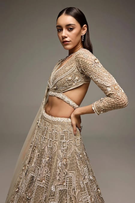 Opus Atelier_Gold Net, Tulle Sequins, Beads, Soft Champagne Oriane Bridal Lehenga Set _Online_at_Aza_Fashions