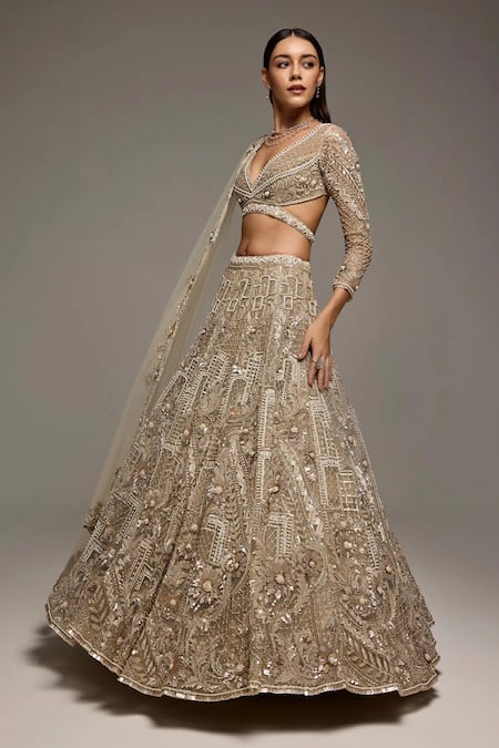 Buy_Opus Atelier_Gold Net, Tulle Sequins, Beads, Soft Champagne Oriane Bridal Lehenga Set _Online_at_Aza_Fashions