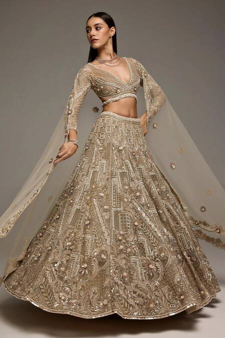Shop_Opus Atelier_Gold Net, Tulle Sequins, Beads, Soft Champagne Oriane Bridal Lehenga Set _Online_at_Aza_Fashions