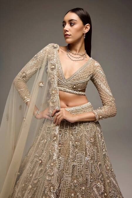 Opus Atelier_Gold Net, Tulle Sequins, Beads, Soft Champagne Oriane Bridal Lehenga Set _at_Aza_Fashions