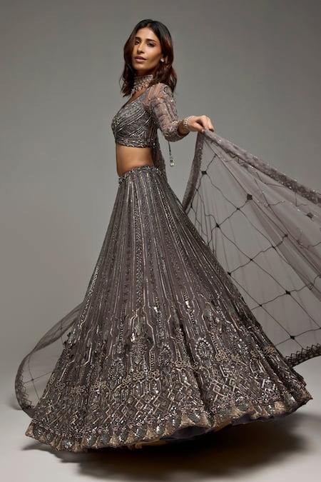 Opus Atelier_Gray Tulle, Net Sequins, Beads, Embroidery Leaf Neck Greyarielle Lehenga Set _Online_at_Aza_Fashions