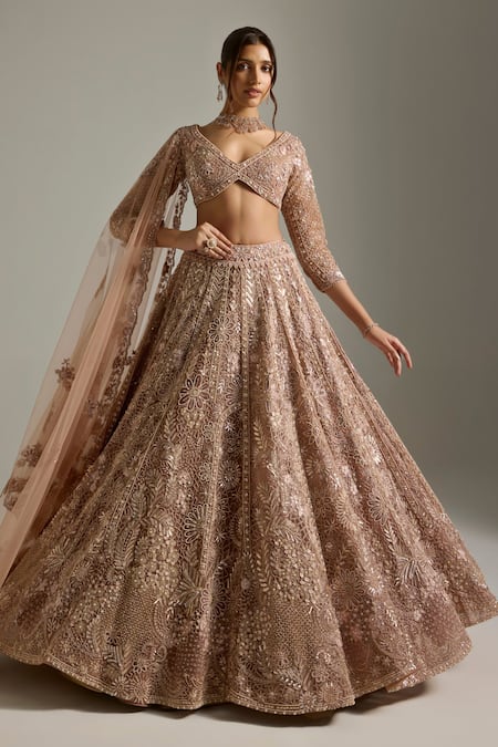 Opus Atelier Beige Tulle, Net Embroidery, Sequins, Beads V-neck Jasmine Lehenga Set