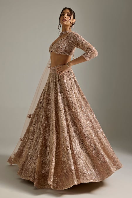 Opus Atelier_Beige Tulle, Net Embroidery, Sequins, Beads V-neck Jasmine Lehenga Set _Online_at_Aza_Fashions