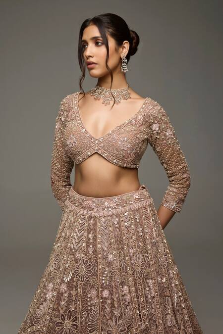 Shop_Opus Atelier_Beige Tulle, Net Embroidery, Sequins, Beads V-neck Jasmine Lehenga Set _Online_at_Aza_Fashions