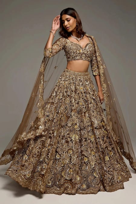 Opus Atelier Gold Tulle, Net Embroidery, Sequins, Zari, Stones V-neck Brown Ruth Lehenga Set
