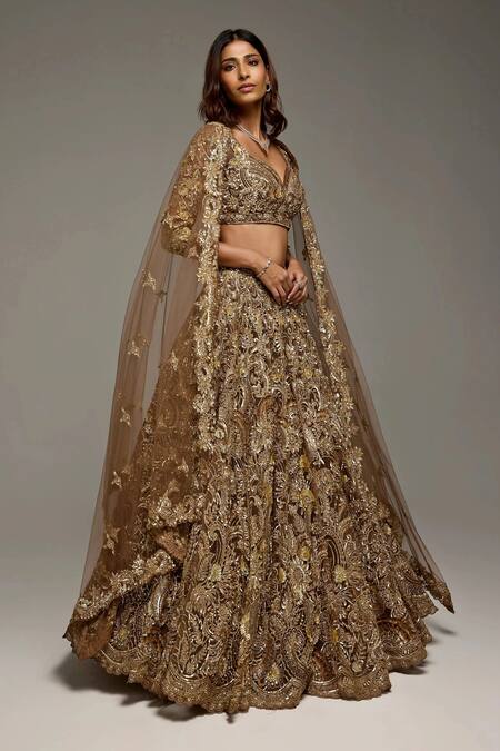 Opus Atelier_Gold Tulle, Net Embroidery, Sequins, Zari, Stones V-neck Brown Ruth Lehenga Set _Online_at_Aza_Fashions