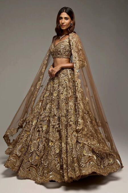 Buy_Opus Atelier_Gold Tulle, Net Embroidery, Sequins, Zari, Stones V-neck Brown Ruth Lehenga Set _Online_at_Aza_Fashions