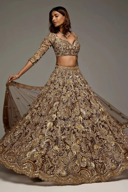 Shop_Opus Atelier_Gold Tulle, Net Embroidery, Sequins, Zari, Stones V-neck Brown Ruth Lehenga Set _Online_at_Aza_Fashions