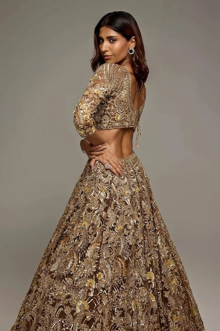 Opus Atelier_Gold Tulle, Net Embroidery, Sequins, Zari, Stones V-neck Brown Ruth Lehenga Set _at_Aza_Fashions