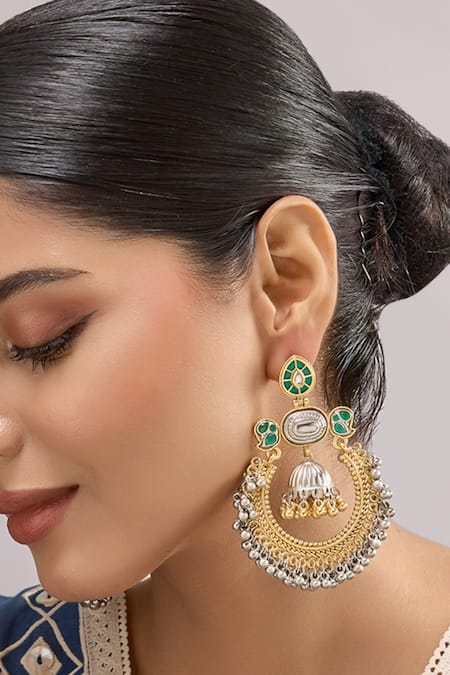 Auraa Trends Gold Plated Stones, Beads Traditional And Silver-plated Chandbali Earrings 
