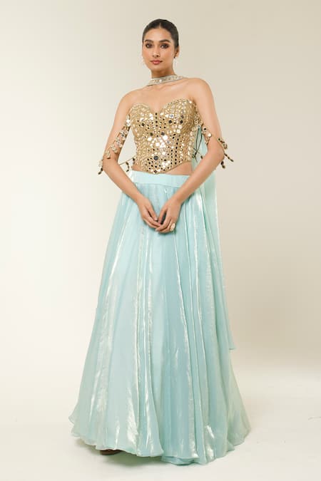 Libas Cafe by Nidhi & Ashish Gold Organza Mirrors, Embroidery Sweetheart Neck Corset And Shimmer Lehenga Set 